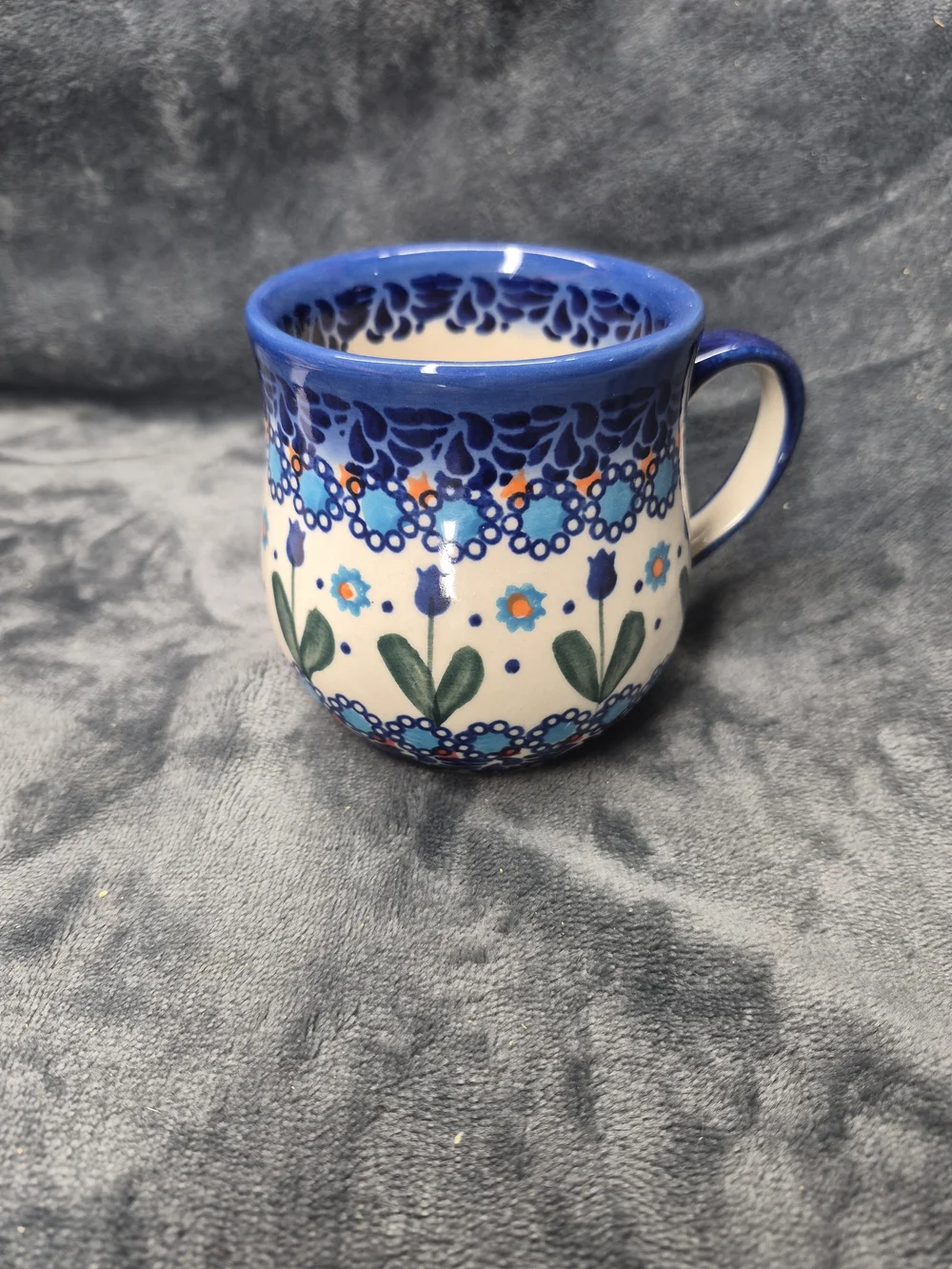 Polished Pottery 11oz Bubble Mug Blue Tulips Garden Unikat Hand Made Portland